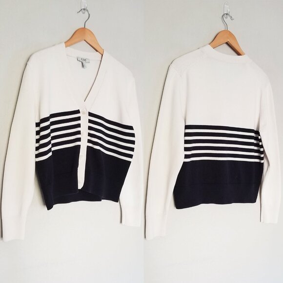 COS Striped Cardigan 100% Cotton V Neck Cream Black Relaxed Fit Size S Preppy - Picture 16 of 16